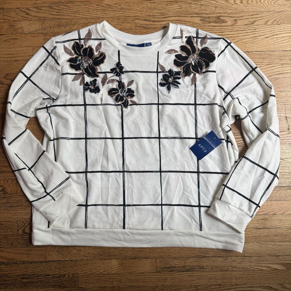 Apt 9 Sweater Top Womens XL White Embroidered Floral Long Sleeve Office Career